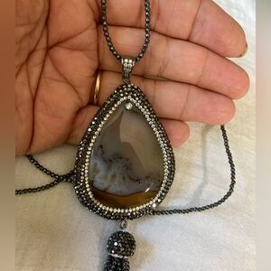 Large Jeweled Agate Slab Necklace with‎ Tassels